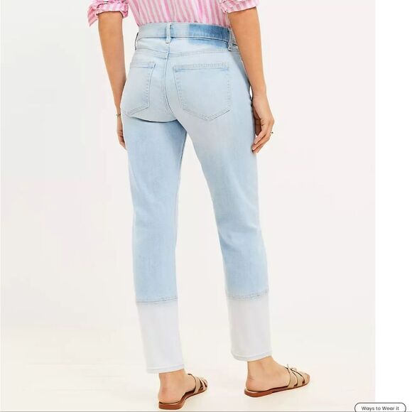 LOFT Petite Curvy Girlfriend Jeans in Patched Light Indigo Wash - Picture 3 of 7